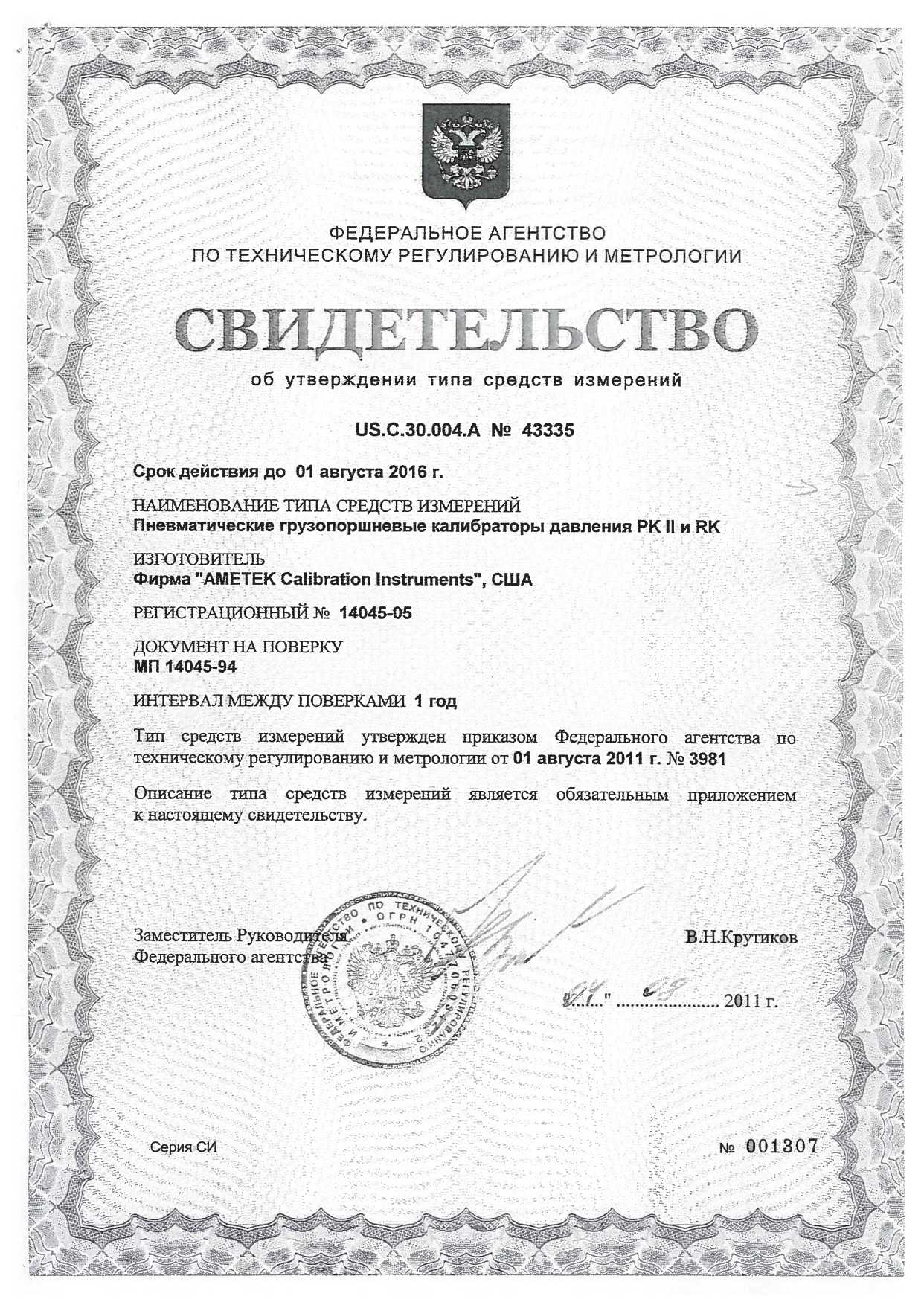 Описание типа. Пневматические грузопоршневые калибраторы давления РК II и RK Фирма