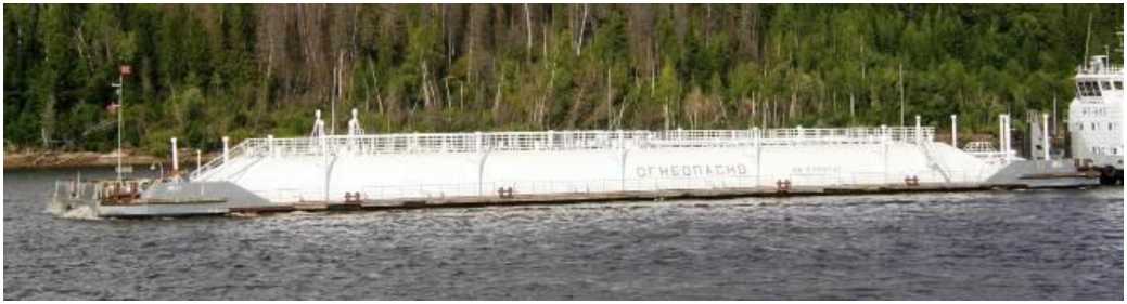 Внешний вид. Резервуары (танки) стальные горизонтальные цилиндрические нефтеналивной баржи НБ-11, http://oei-analitika.ru рисунок № 1