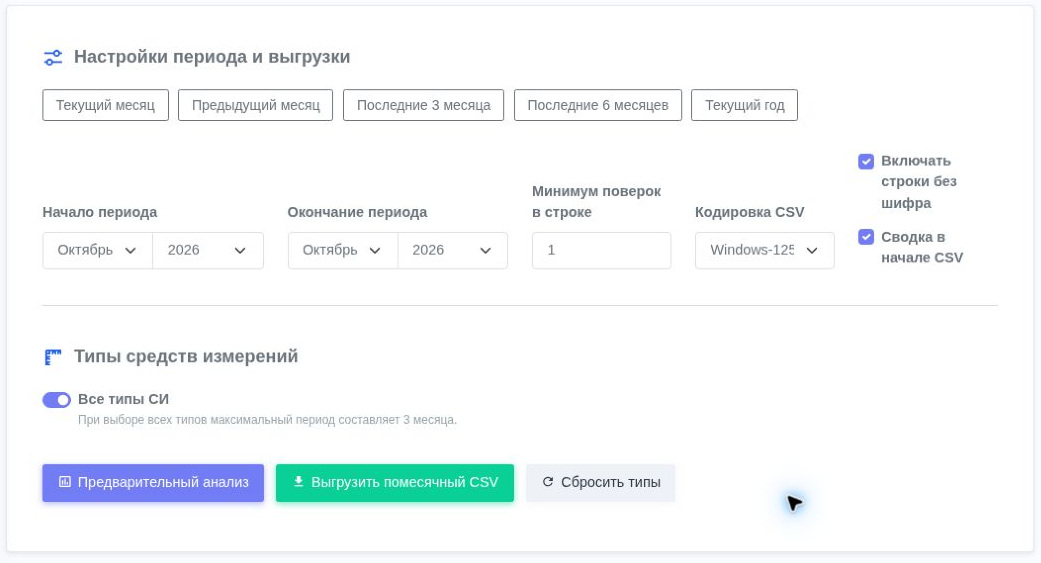 Настройки периода, состава строк и кодировки выгрузки
